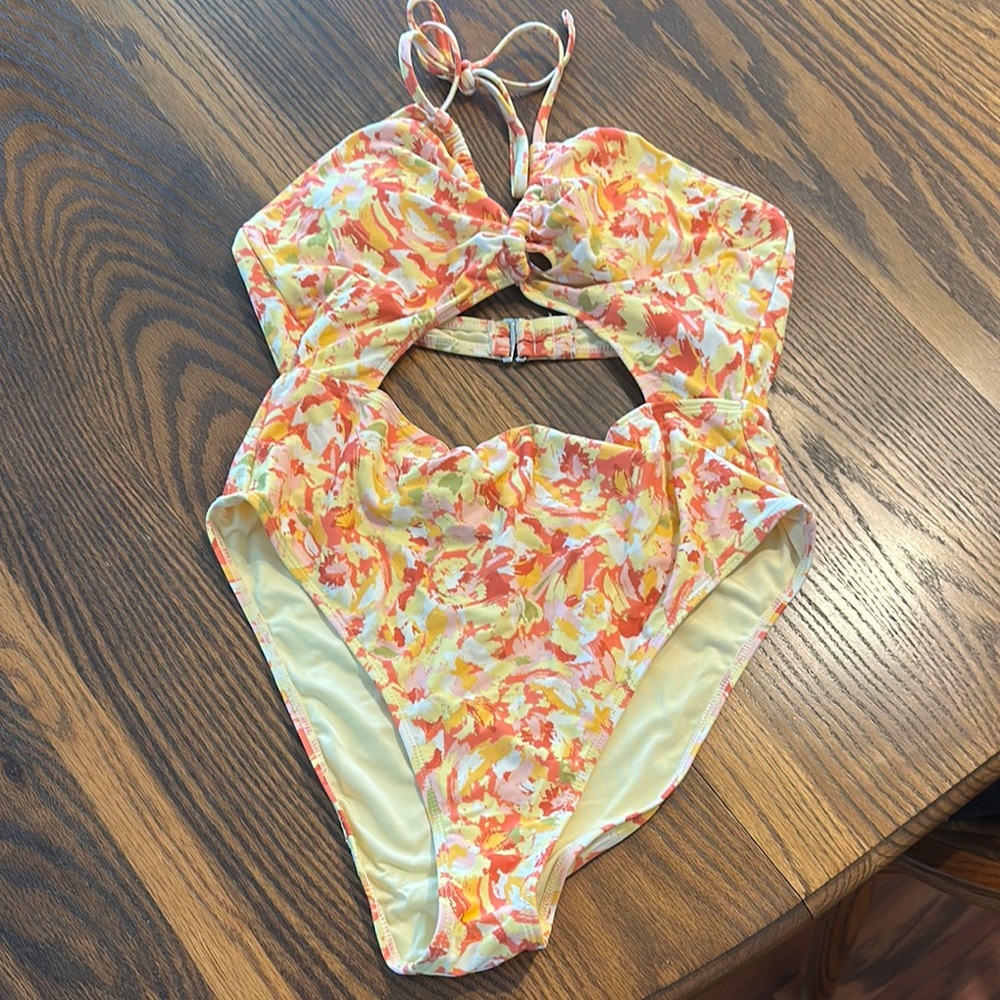 SHEIN Yellow and Orange One Piece Swimsuit with Cutout Details